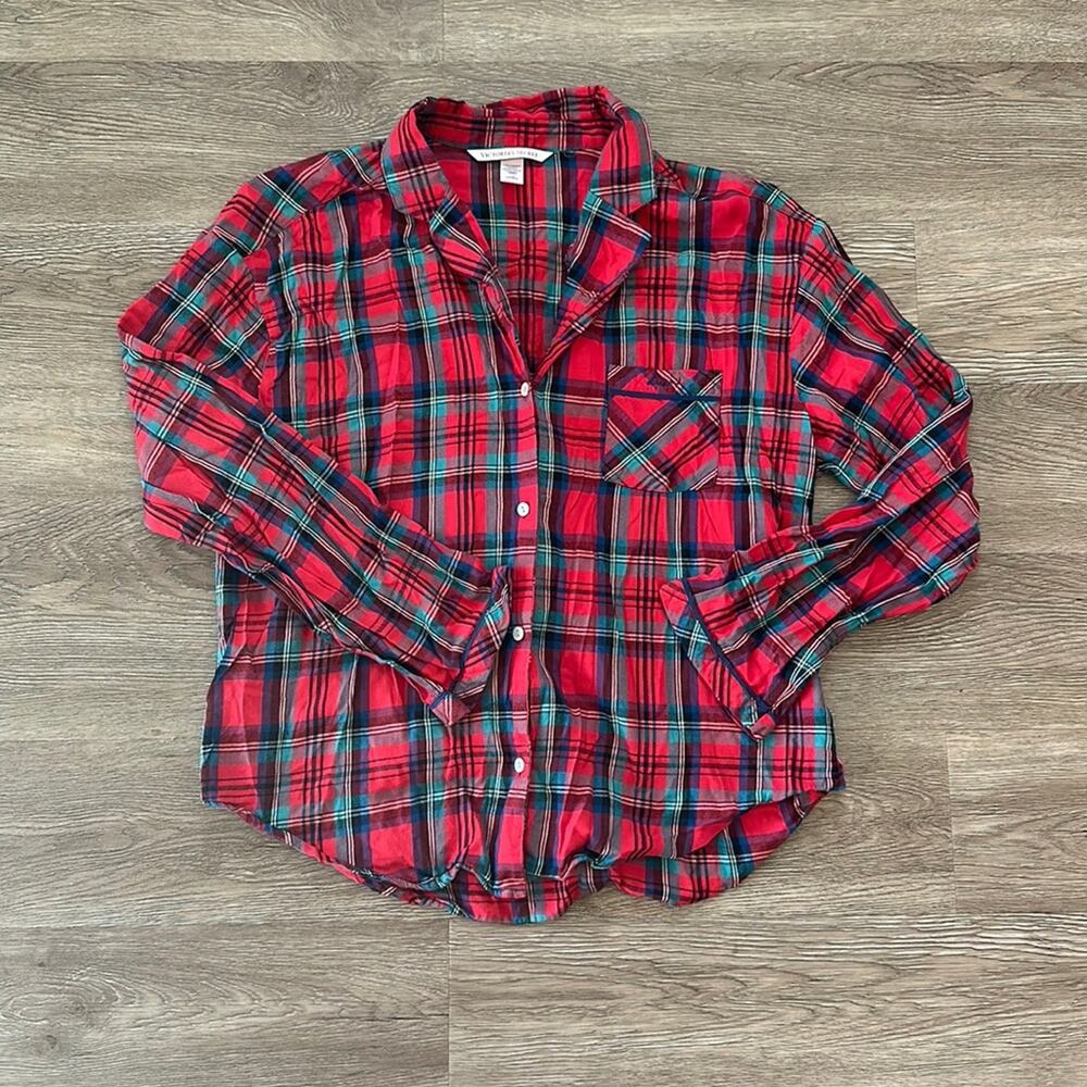 Victoria's Secret Button Front Pajama Shirt Red Plaid Size Large Holiday